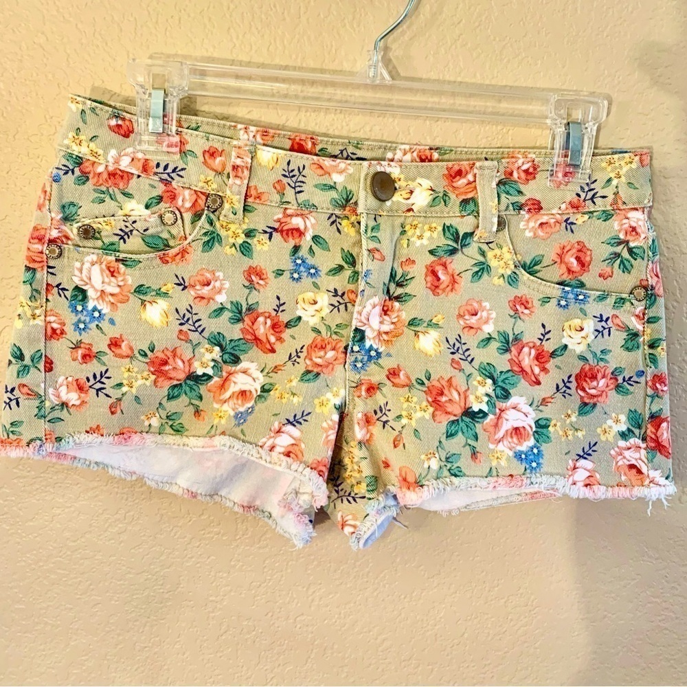 Tinseltown Shorts Sz 5 Jrs Beige Floral Coral Green Raw Hem Cotton Spandex